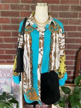 New York & Company Sheer Blue White Gold Chain Print Button-Down Shirt